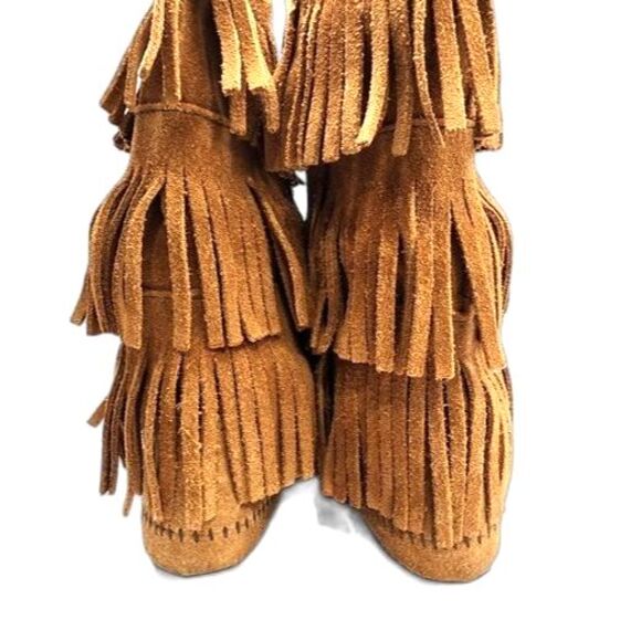 Minnetonka 3 Layer Fringe Genuine Leather Brown Mid Calf Moccasin Boots Size 6 - Picture 3 of 8